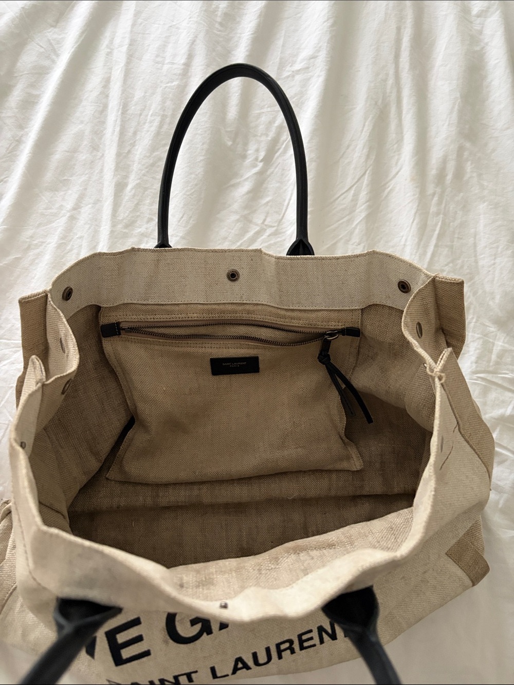 Saint Laurent Beige Canvas Rive Gauche Tote with Black Handles - Picture 2 of 4